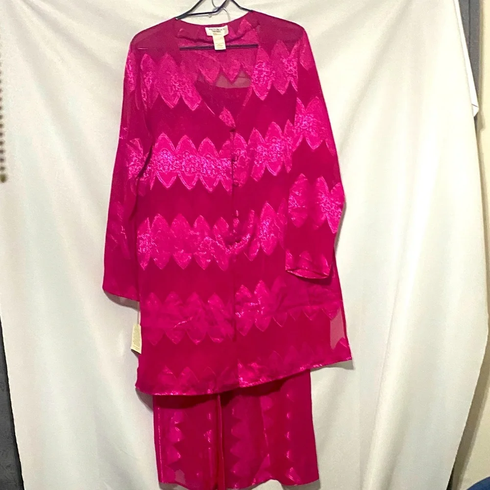 NWT Victoria's Secret GOLD COLLECTION Fuchsia Sheer PAJAMA TUNIC TOP WIDE LEG